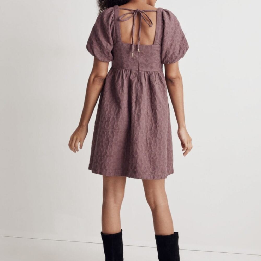 Madewell Floral Quilted Puff Sleeve Mini Dress Purple Jacquard Square Neck Large - Picture 2 of 10